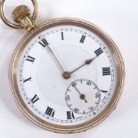 A 9ct gold open-face top-wind pocket watch, white enamel dial with Roman numeral hour markers and