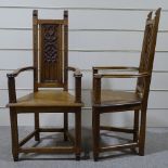 A pair of Gothic style oak hall chairs, with relief carved tracery panelled backs