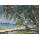 Karl Terry, oil on board, beach life Seychelles, signed, 12" x 16", framed