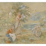 Walter Duncan, watercolour, women working in the fields, signed, 7.5" x 10.5", framed