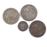 3 Victorian silver crowns, 1847, 1892 and 1897, and 1 1839 shilling