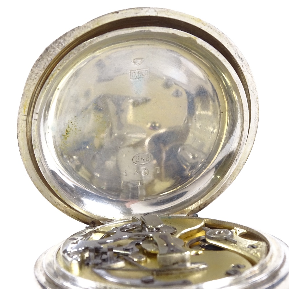 A Continental silver open-face top-wind chronograph pocket watch, white dial with Roman numeral hour - Image 5 of 5