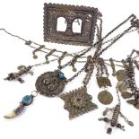 Various Eastern white metal, including miniature double photo frame, necklaces, etc., frame height