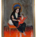 A Chinese reverse painting behind glass, depicting a woman holding a mythological child, gilt frame,