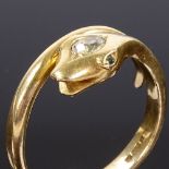 An 18ct gold diamond and emerald figural snake/serpent ring, with pear-cut diamond set head, maker's