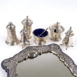 Various silverware, including 3-piece cruet set by Garrard & Co Ltd, plated mirror etc (7)
