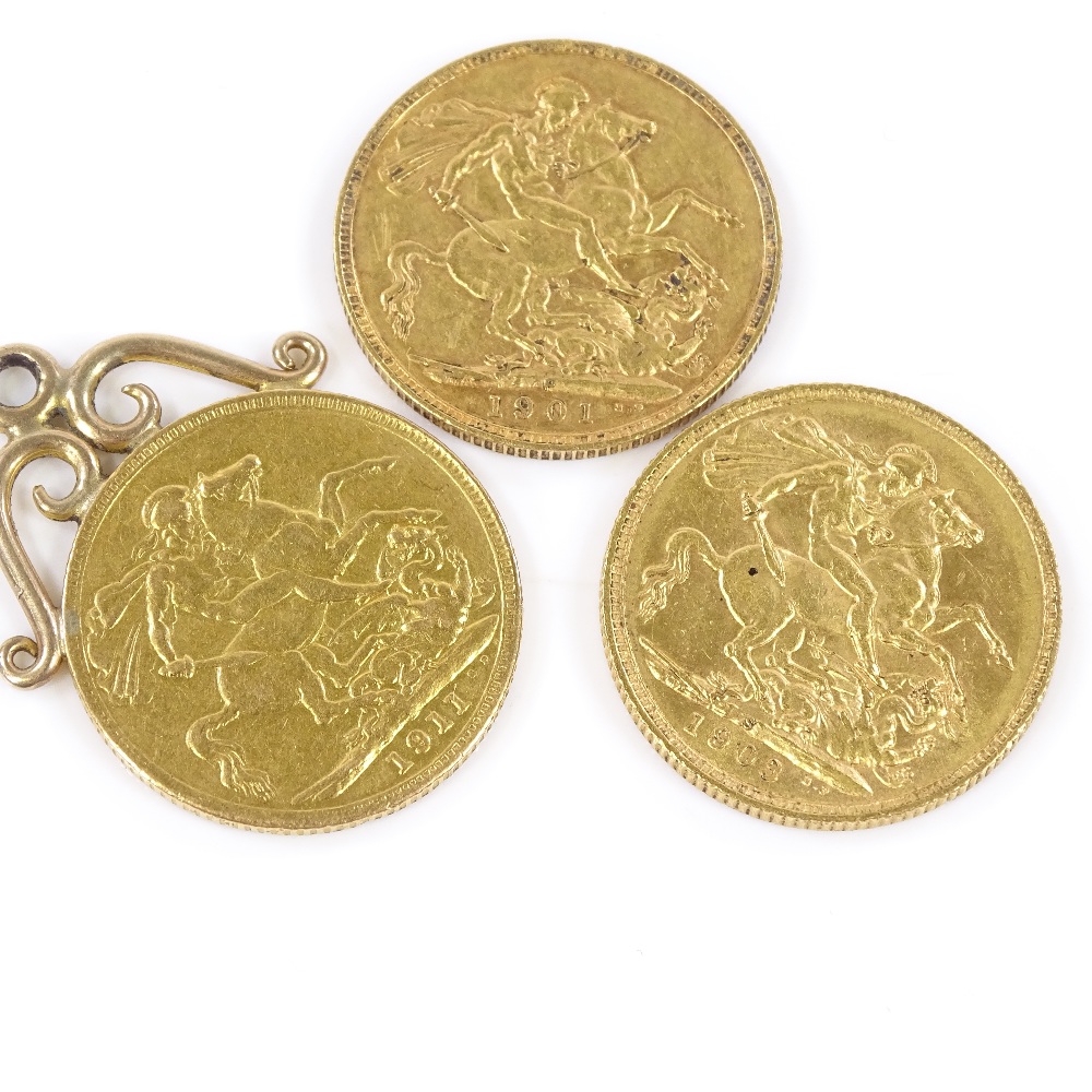 3 gold sovereigns, 1901, 1903, 1911, one with gold pendant mount, 24.8g total, (3) - Image 3 of 3