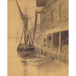 Walter Greaves, crayon and wash on brown paper, sail barges - Lindsey Wharf, 7" x 6", framed,