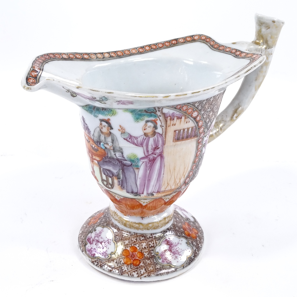 An 18th century Chinese porcelain sauce boat with polychrome hand painted decoration, depicting - Image 2 of 3