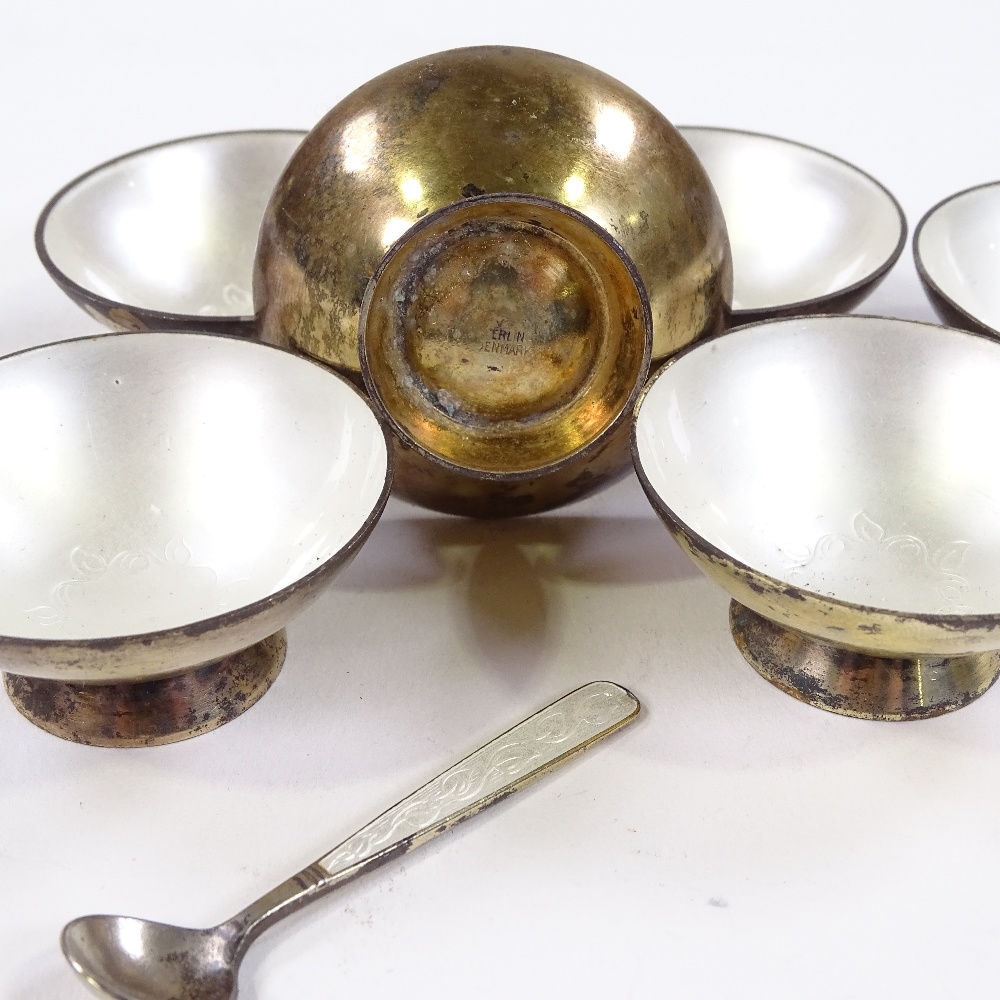 A set of 7 Volmer Bahner Danish vermeil silver and white enamel salt bowls, and a matching spoon, - Image 3 of 3