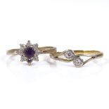 An 18ct gold 2-stone diamond crossover ring, setting height 6.7mm, size R, 2.2g, and a 9ct gold
