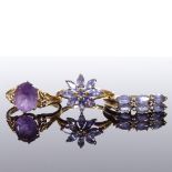 3 9ct gold stone set rings, including amethyst, all approx size T, 9.3g total (3)