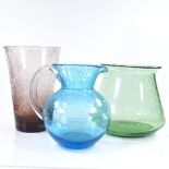 3 pieces of coloured bubble Art glass, tallest vase height 21cm