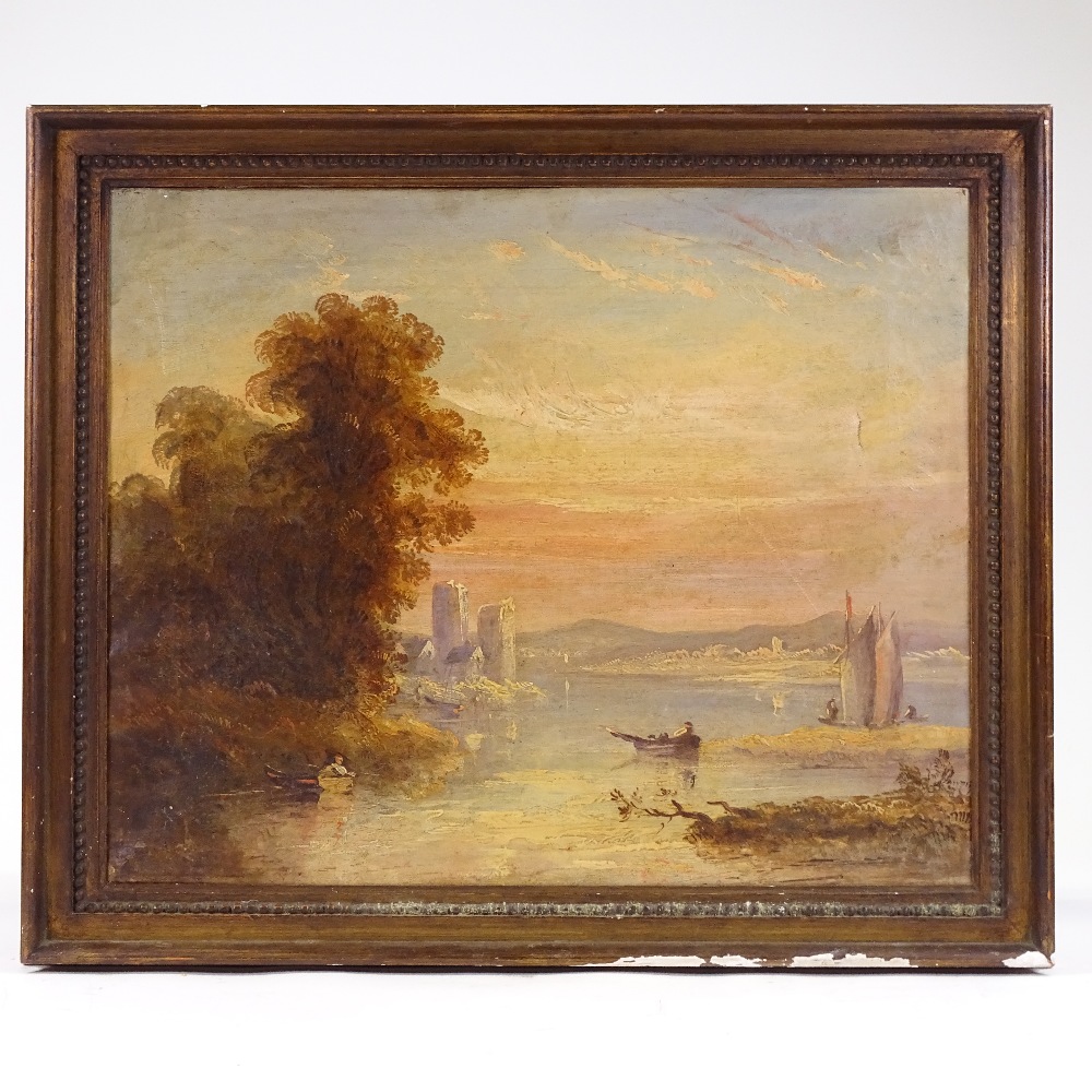 Follower of J M W Turner, 19th century oil on canvas, sunset lake scene, unsigned, 17" x 21", framed - Image 2 of 4