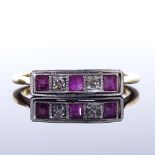 An Art Deco 18ct gold 5-stone ruby and diamond panel ring, platinum-topped settings with pierced