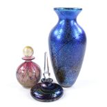 A Laugharne iridescent glass vase, height 20cm, and 2 small iridescent and gilded glass perfume