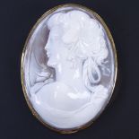 A large relief carved cameo shell panel pendant/brooch, depicting female bust, in 18ct rope twist