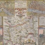 John Speede, hand coloured map of Middlesex circa 1650, sheet size 16" x 21", double glazed frame