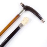 An ebony walking cane with carved ivory handle in the form of a child's head, together with