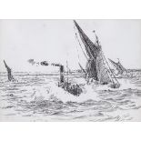 William Lionel Wyllie (1851 - 1931), pen and ink, tugs and sprits, 4.5" x 6", framed, provenance:
