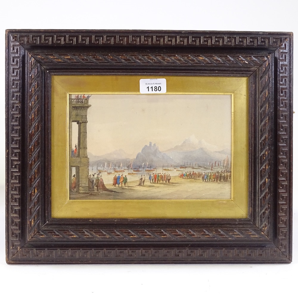 19th century Italian School, watercolour, procession of boats towards The Dolomites, unsigned, 6" - Image 2 of 4