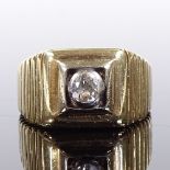 A 14ct gold 0.3ct solitaire diamond gypsy ring, ribbed shoulders and bridge, setting height 11.