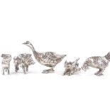 A group of 5 Edwardian Continental novelty miniature cast-silver animals, including pug dog, warthog