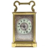 19th century French brass-cased carriage clock, with engraved silvered dial and 8-day movement