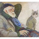 Oil on canvas laid on board, Augustus John and his cat, unsigned, 24" x 30", framed