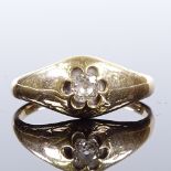 An unmarked gold solitaire diamond gypsy ring, setting height 8.4mm, size M, 1.6g