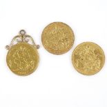 3 gold sovereigns, 1901, 1903, 1911, one with gold pendant mount, 24.8g total, (3)
