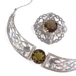 A Scottish silver smoky quartz necklace and brooch, with pierced settings, hallmarks Edinburgh 1975,