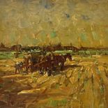 Arthur Spooner, oil on board, impressionist ploughing scene, 11" x 11", framed