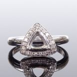 A 9ct white gold diamond cluster trillion style ring setting, maker's marks DK, hallmarks