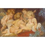 Early 20th century French School, oil on board, cherubs, unsigned, 13" x 20", framed