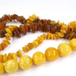 3 single strand amber necklaces, including butterscotch polished bead necklace, largest bead