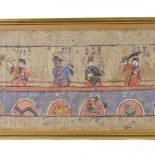 A Chinese watercolour scroll painting depicting warriors, with text inscription, modern frame,