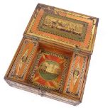 A Napoleonic prisoner of war straw-work box, the lid decorated with a fishing harbour scene,