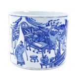 A Chinese blue and white porcelain brush pot with hand painted interior scene, 4 character mark,
