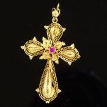 An 18ct gold filigree ruby crucifix/cross pendant, height excluding bale 44.3mm, 5.3g