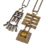 A Kalevala Koru Finnish bronze and tiger's eye brutalist pendant necklace, pendant height 79.3mm,