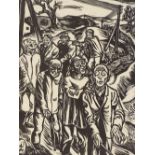 Johannes Vohlfahrt, woodcut, circa 1920, blind leading the blind, image 11" x 8.5", framed