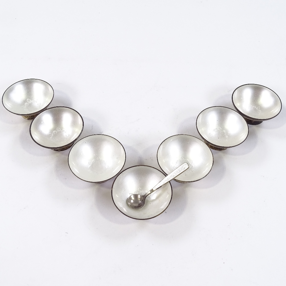 A set of 7 Volmer Bahner Danish vermeil silver and white enamel salt bowls, and a matching spoon, - Image 2 of 3