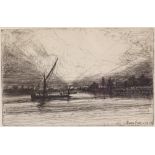 Francis Seymour Haden, etching, barges on a river, signed in the plate, plate size 5.5" x 8.5",