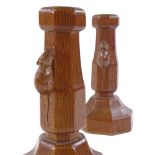 Robert Mouseman Thompson, pair of octagonal oak candlesticks, mid-20th century, height 18cm