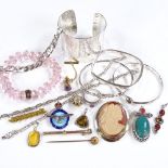 Various silver and stone set jewellery, including flat curb link chain, cameo brooch etc, 260g total