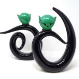 A pair of Murano mid-century Studio glass cat sculptures, black glass bodies with green glass heads,