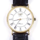 LONGINES - a 9ct gold Presence quartz wristwatch, white dial with roman numeral hour markers and