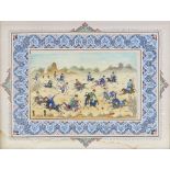 A late 19th/early 20th century Persian watercolour on ivory, depicting a polo match, in finely