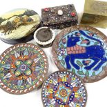 A group of Russian enamel dishes, a lacquer box with painted Troika scene lid, metal jewel boxes etc